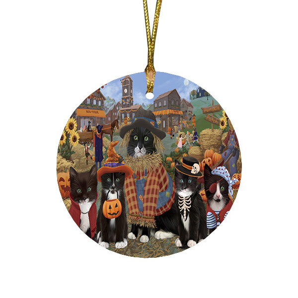 Halloween 'Round Town And Fall Pumpkin Scarecrow Both Tuxedo Cats Round Flat Christmas Ornament RFPOR57616