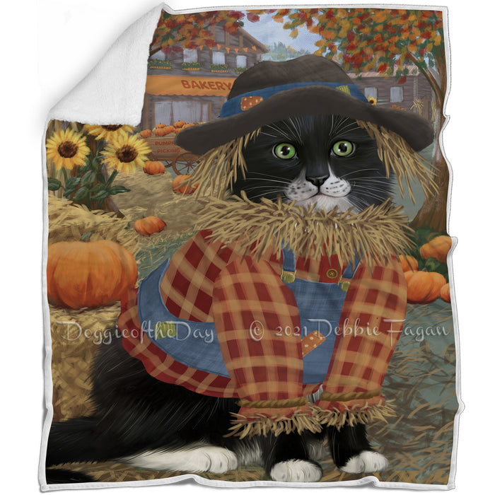 Halloween 'Round Town And Fall Pumpkin Scarecrow Both Tuxedo Cats Blanket BLNKT143669