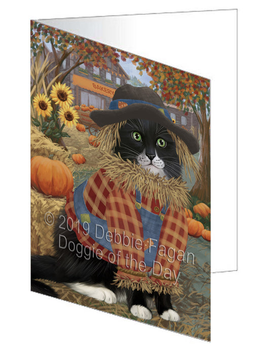 Fall Pumpkin Scarecrow Tuxedo Cats Handmade Artwork Assorted Pets Greeting Cards and Note Cards with Envelopes for All Occasions and Holiday Seasons GCD78665