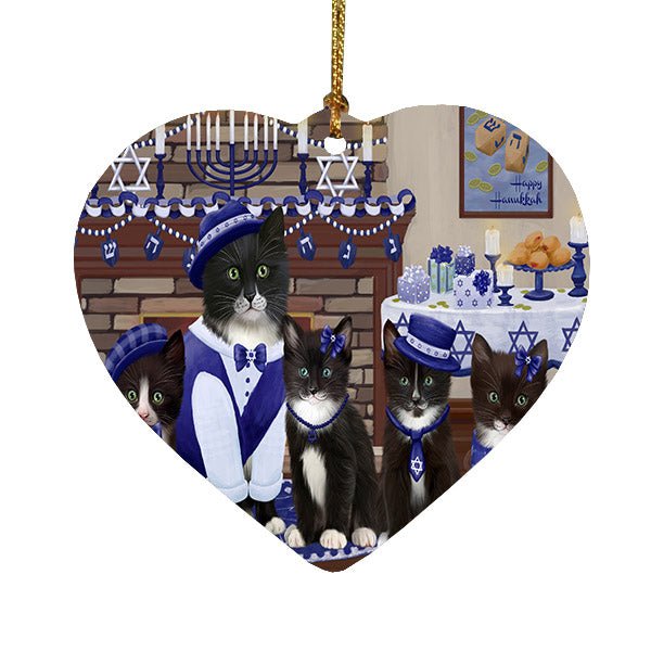 Happy Hanukkah Family Tuxedo Cats Heart Christmas Ornament HPOR57742