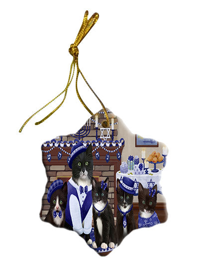 Happy Hanukkah Family Tuxedo Cats Star Porcelain Ornament SPOR57742
