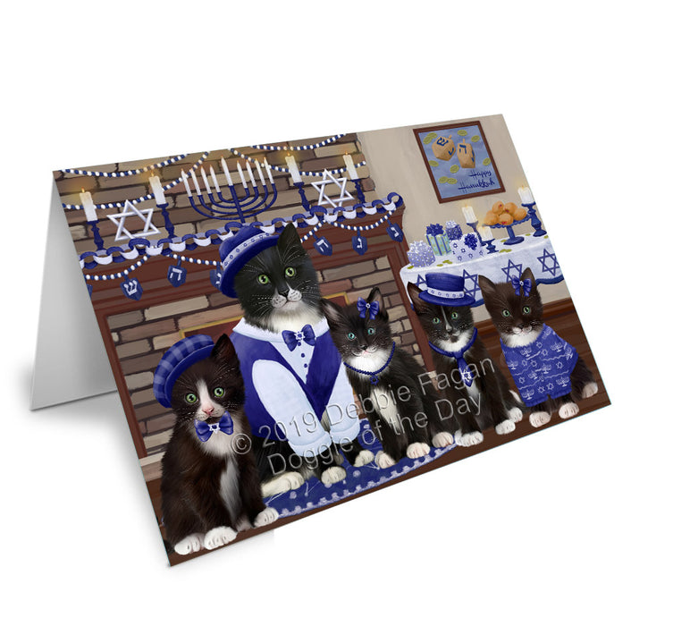 Happy Hanukkah Family Tuxedo Cats Handmade Artwork Assorted Pets Greeting Cards and Note Cards with Envelopes for All Occasions and Holiday Seasons GCD78572