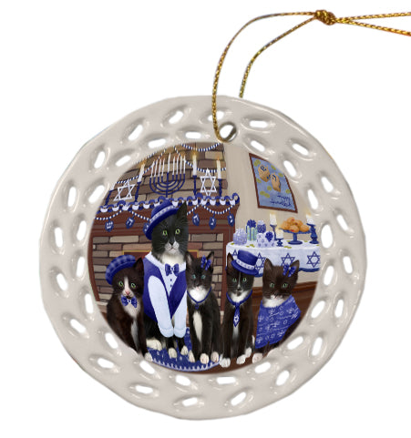 Happy Hanukkah Family Tuxedo Cats Doily Ornament DPOR57927