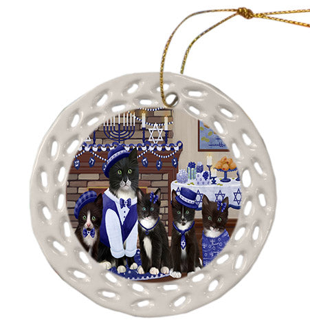 Happy Hanukkah Family Tuxedo Cats Ceramic Doily Ornament DPOR57742
