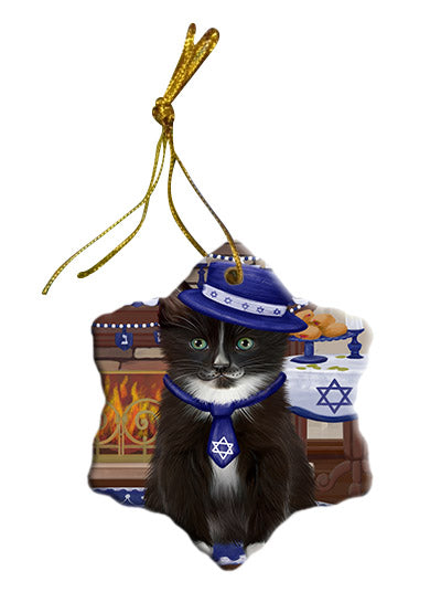 Happy Hanukkah Tuxedo Cat Star Porcelain Ornament SPOR57803