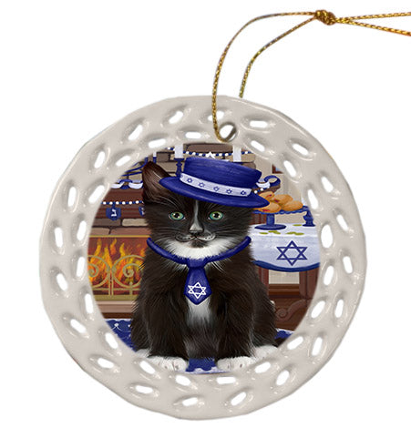 Happy Hanukkah Tuxedo Cat Ceramic Doily Ornament DPOR57803