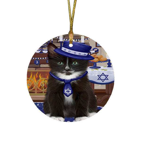 Happy Hanukkah Family and Happy Hanukkah Both Tuxedo Cat Round Flat Christmas Ornament RFPOR57707