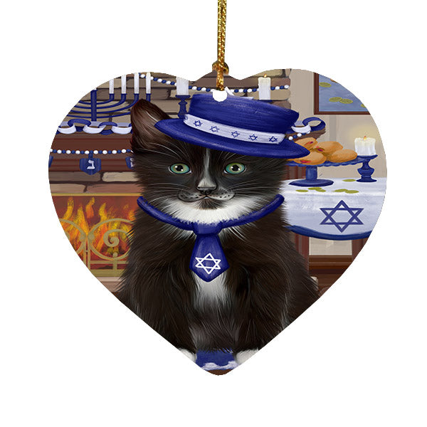 Happy Hanukkah Tuxedo Cat Heart Christmas Ornament HPOR57803