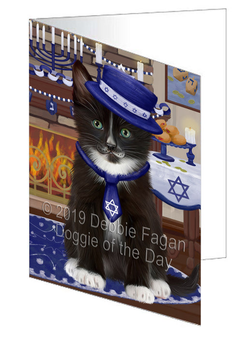 Happy Hanukkah Tuxedo Cat Handmade Artwork Assorted Pets Greeting Cards and Note Cards with Envelopes for All Occasions and Holiday Seasons GCD78755