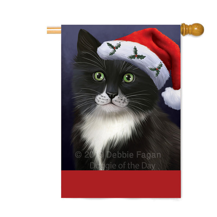 Personalized Christmas Holidays Tuxedo Cat Wearing Santa Hat Portrait Head Custom House Flag FLG-DOTD-A59920