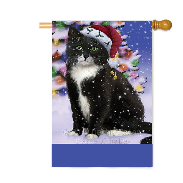 Personalized Winterland Wonderland Tuxedo Cat In Christmas Holiday Scenic Background Custom House Flag FLG-DOTD-A61486