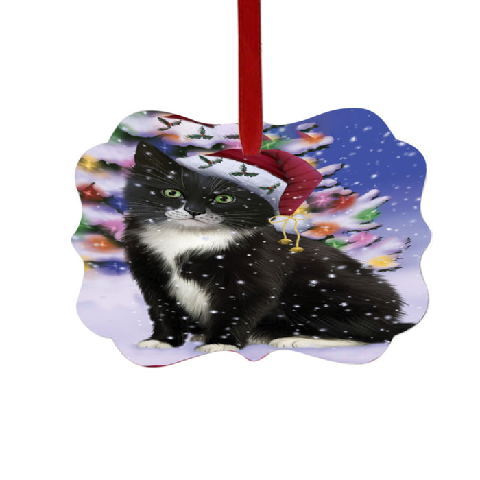 Winterland Wonderland Tuxedo Cat In Christmas Holiday Scenic Background Double-Sided Photo Benelux Christmas Ornament LOR49651