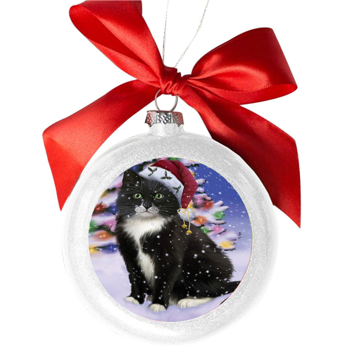 Winterland Wonderland Tuxedo Cat In Christmas Holiday Scenic Background White Round Ball Christmas Ornament WBSOR49651