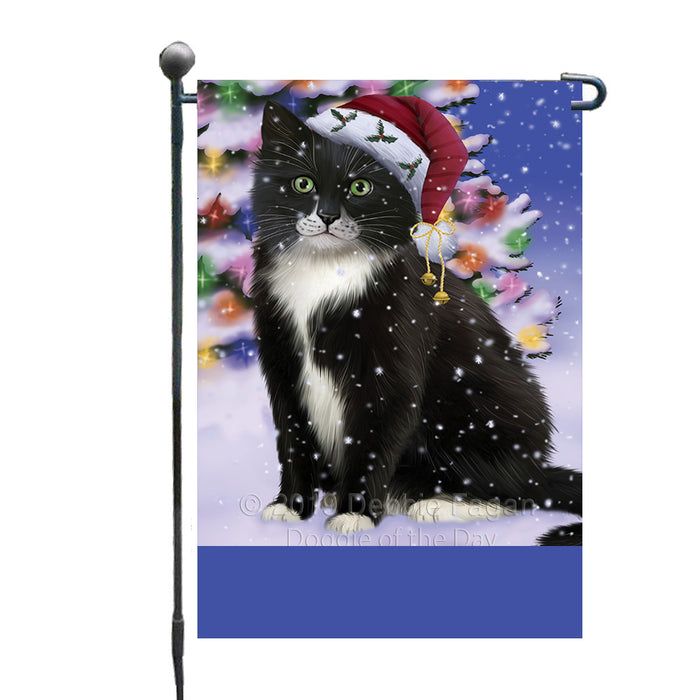 Personalized Winterland Wonderland Tuxedo Cat In Christmas Holiday Scenic Background Custom Garden Flags GFLG-DOTD-A61430