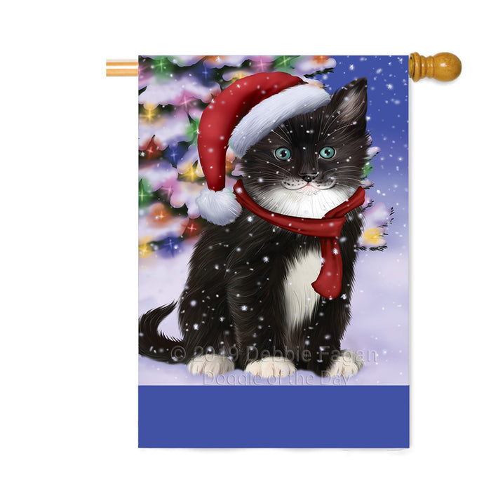 Personalized Winterland Wonderland Tuxedo Cat In Christmas Holiday Scenic Background Custom House Flag FLG-DOTD-A61487