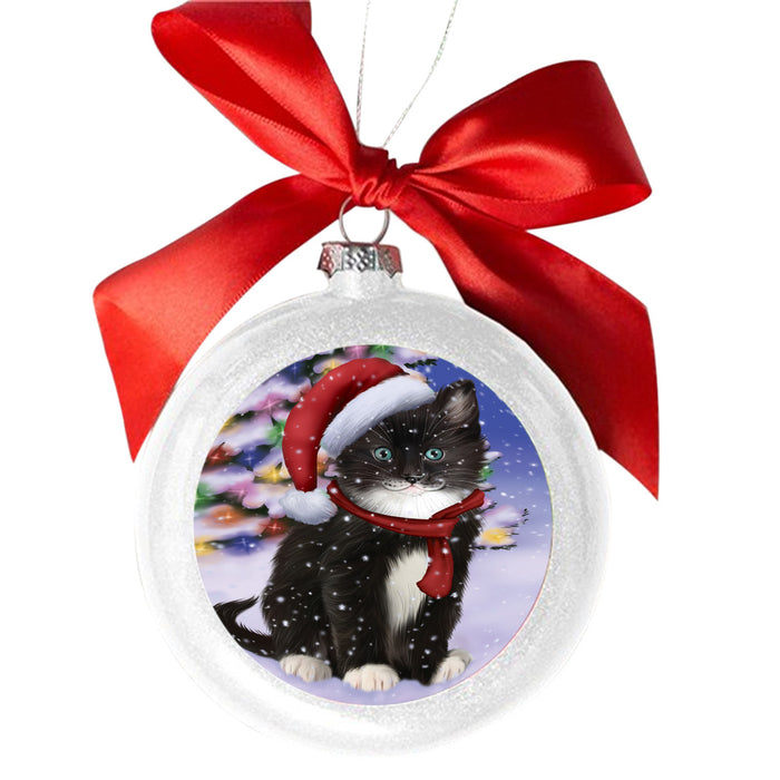 Winterland Wonderland Tuxedo Cat In Christmas Holiday Scenic Background White Round Ball Christmas Ornament WBSOR49652