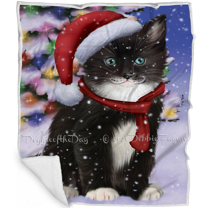 Winterland Wonderland Tuxedo Cat In Christmas Holiday Scenic Background Blanket BLNKT101406