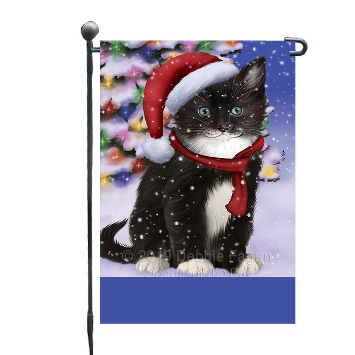 Personalized Winterland Wonderland Tuxedo Cat In Christmas Holiday Scenic Background Custom Garden Flags GFLG-DOTD-A61431