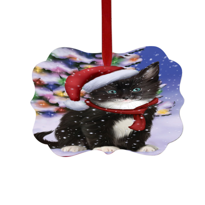 Winterland Wonderland Tuxedo Cat In Christmas Holiday Scenic Background Double-Sided Photo Benelux Christmas Ornament LOR49652