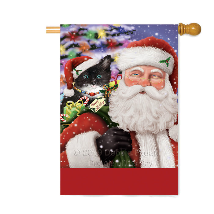Personalized Santa Carrying Tuxedo Cat and Christmas Presents Custom House Flag FLG-DOTD-A63550