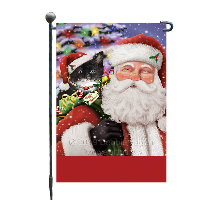 Personalized Santa Carrying Tuxedo Cat and Christmas Presents Custom Garden Flag GFLG63859