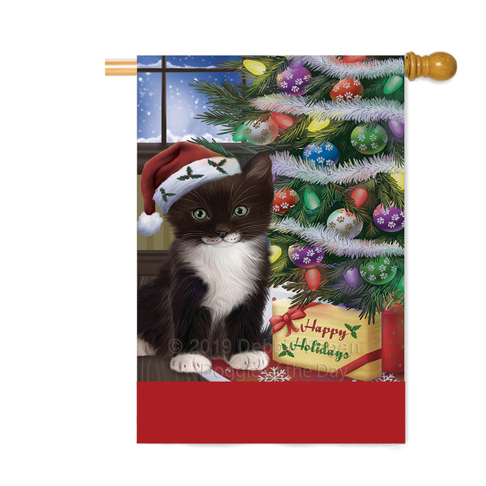 Personalized Christmas Happy Holidays Tuxedo Cat with Tree and Presents Custom House Flag FLG-DOTD-A58734