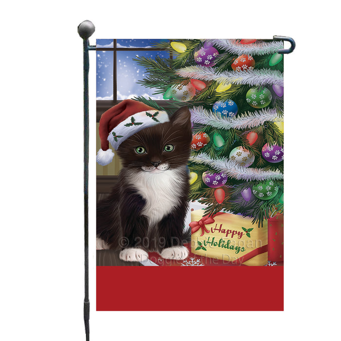 Personalized Christmas Happy Holidays Tuxedo Cat with Tree and Presents Custom Garden Flags GFLG-DOTD-A58678
