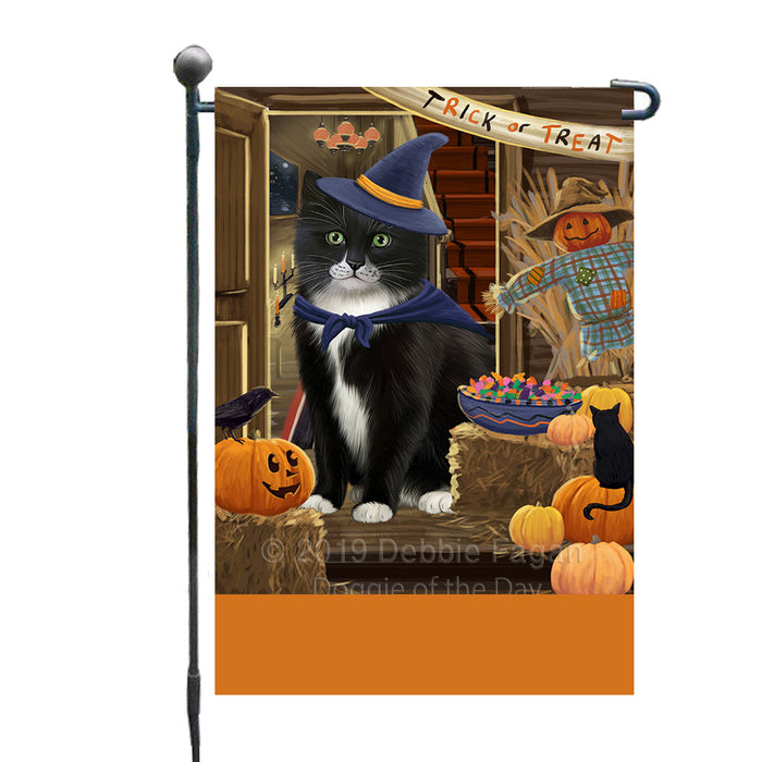 Personalized Enter at Own Risk Trick or Treat Halloween Tuxedo Cat Custom Garden Flags GFLG-DOTD-A59757