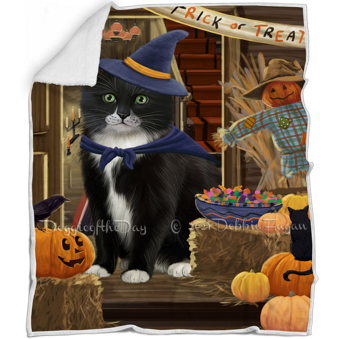 Enter at Own Risk Trick or Treat Halloween Tuxedo Cat Blanket BLNKT97212