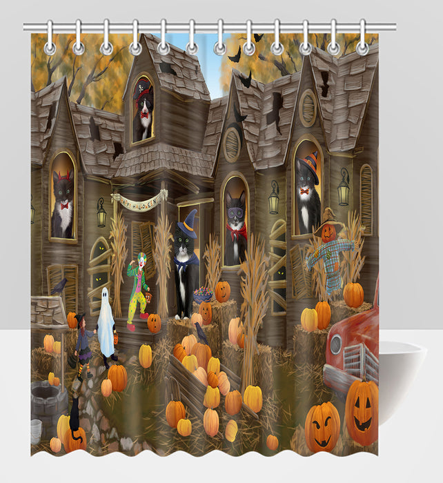 Haunted House Halloween Trick or Treat Tuxedo Cats Shower Curtain