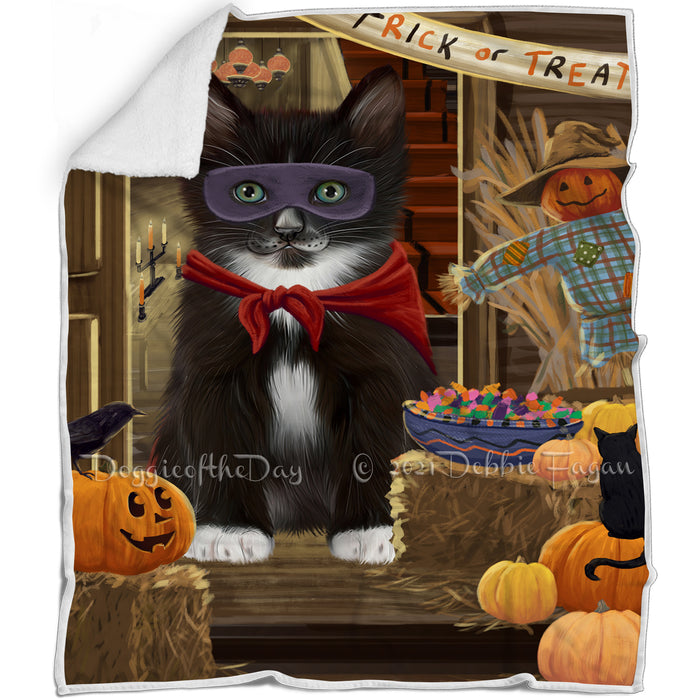 Enter at Own Risk Trick or Treat Halloween Tuxedo Cat Blanket BLNKT97221