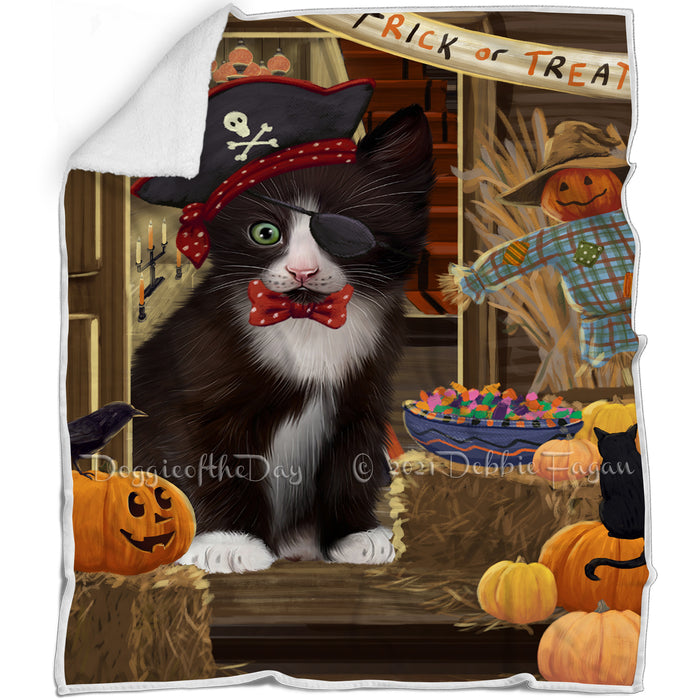 Enter at Own Risk Trick or Treat Halloween Tuxedo Cat Blanket BLNKT97230