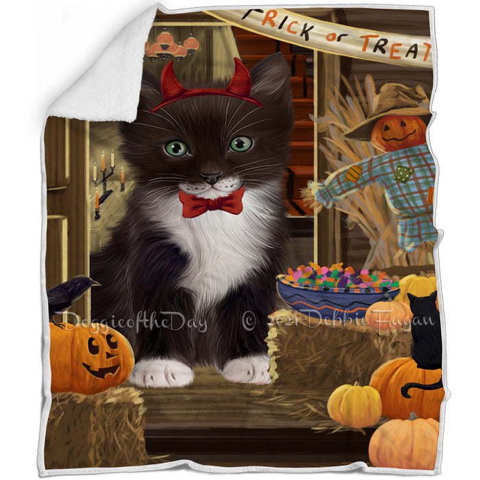 Enter at Own Risk Trick or Treat Halloween Tuxedo Cat Blanket BLNKT97239