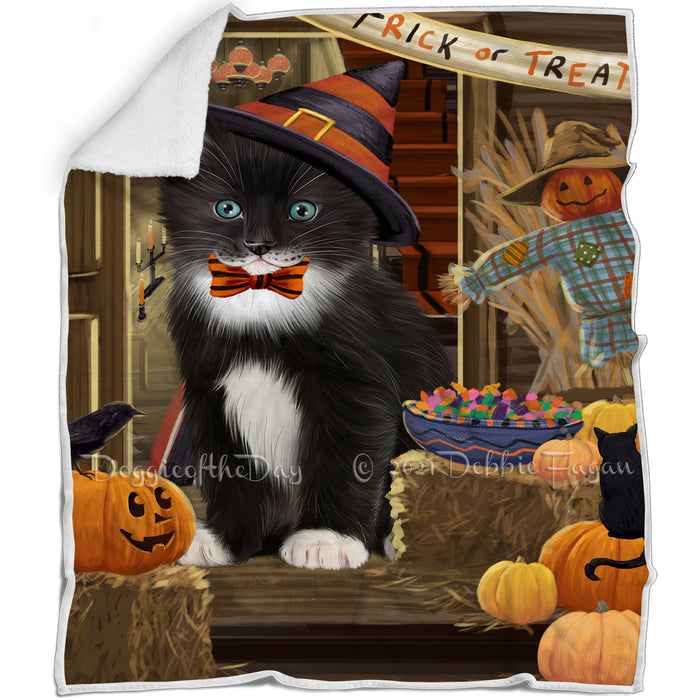 Enter at Own Risk Trick or Treat Halloween Tuxedo Cat Blanket BLNKT97248