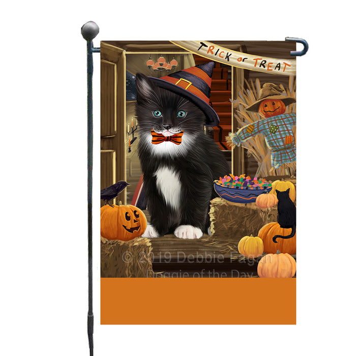 Personalized Enter at Own Risk Trick or Treat Halloween Tuxedo Cat Custom Garden Flags GFLG-DOTD-A59759