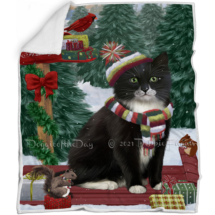Merry Christmas Woodland Sled Tuxedo Cat Blanket BLNKT114969