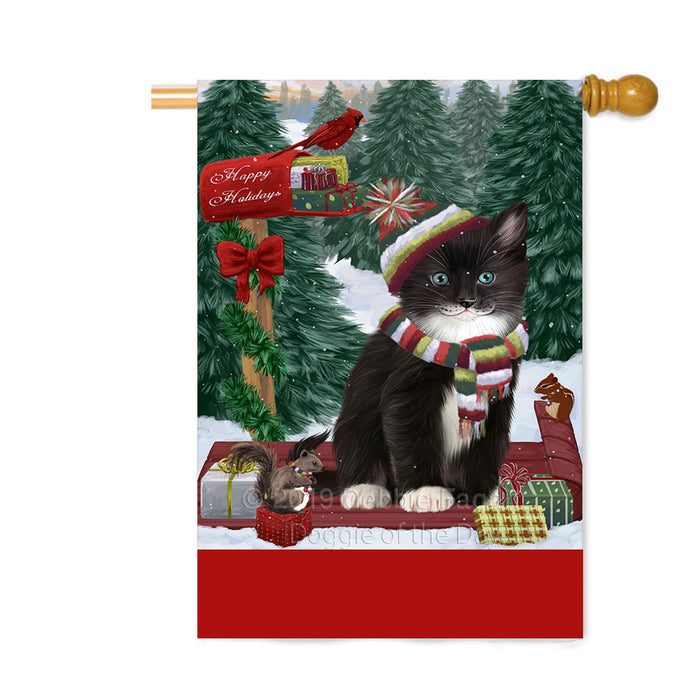 Personalized Merry Christmas Woodland Sled Tuxedo Cat Custom House Flag FLG-DOTD-A61774