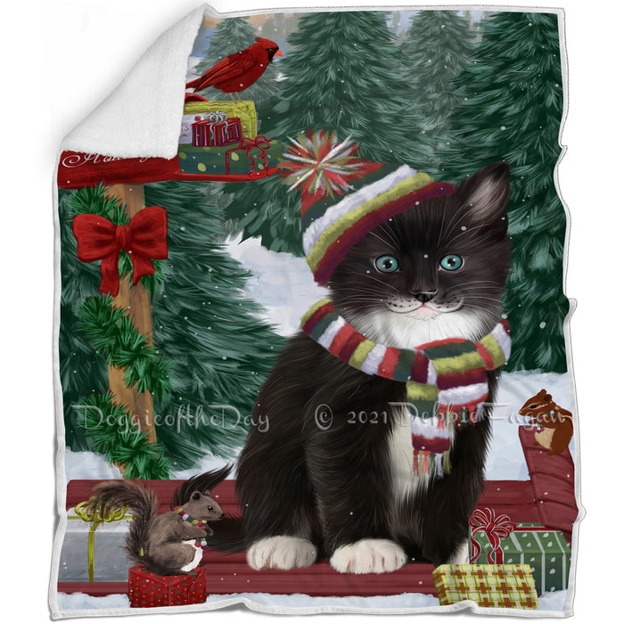 Merry Christmas Woodland Sled Tuxedo Cat Blanket BLNKT114978