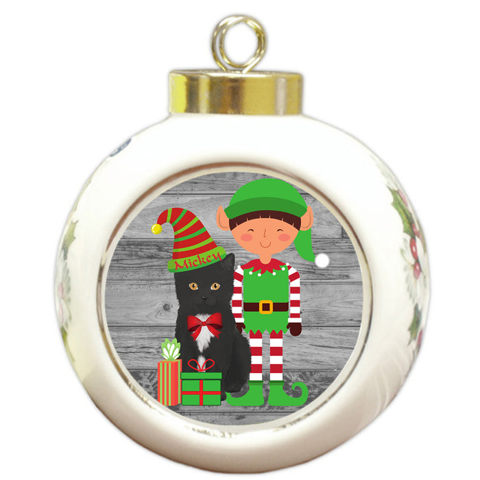 Custom Personalized Tuxedo Cat Elfie and Presents Christmas Round Ball Ornament