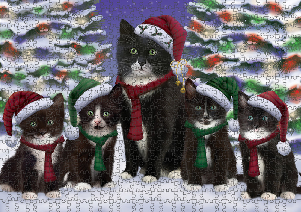 Tuxedo Cats Christmas Family Portrait in Holiday Scenic Background Puzzle with Photo Tin PUZL62094