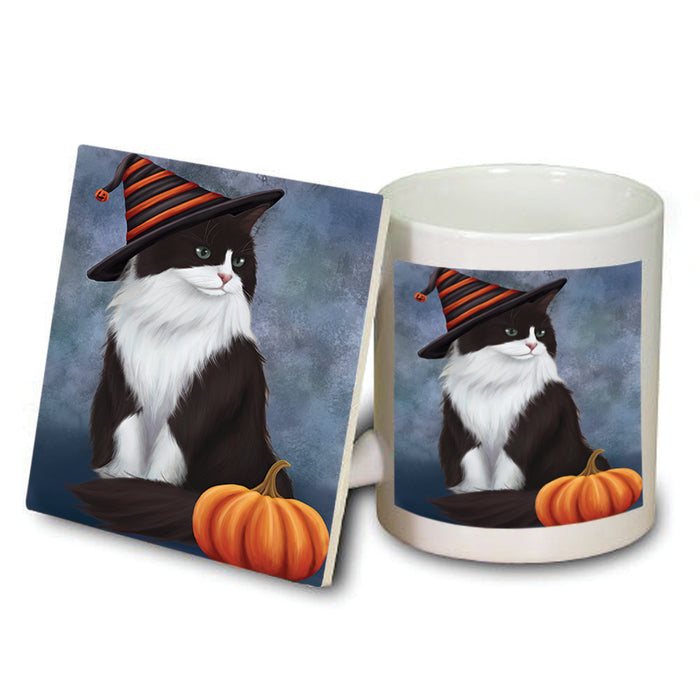 Happy Halloween Tuxedo Cat Wearing Witch Hat with Pumpkin Mug and Coaster Set MUC54824