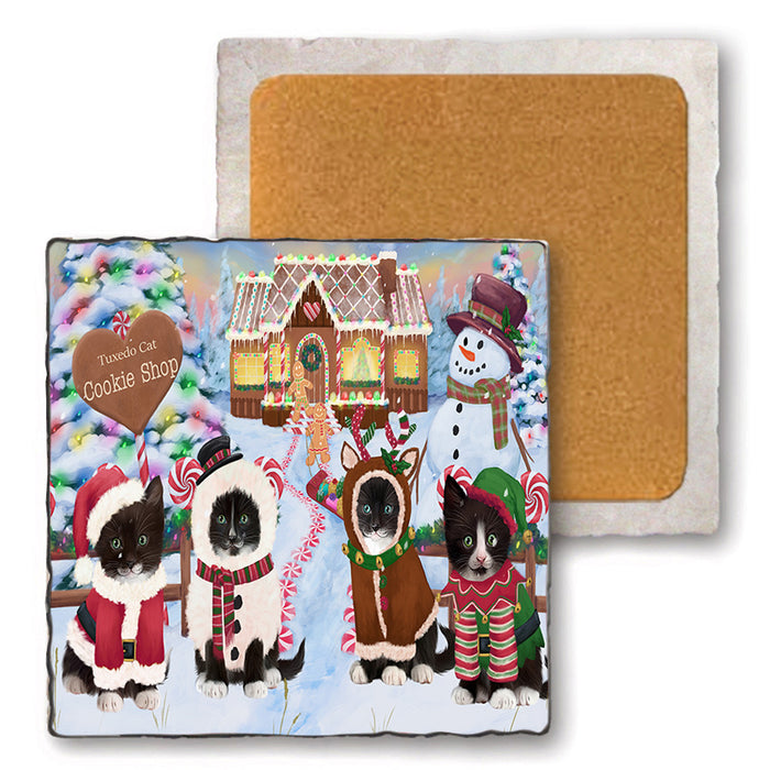 Holiday Gingerbread Cookie Shop Tuxedo Cats Set of 4 Natural Stone Marble Tile Coasters MCST51628