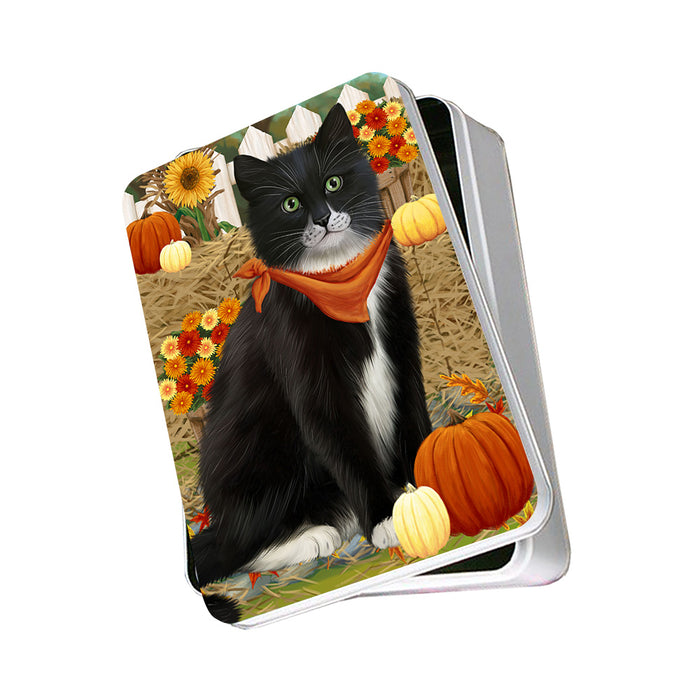Fall Autumn Greeting Tuxedo Cat with Pumpkins Photo Storage Tin PITN52352