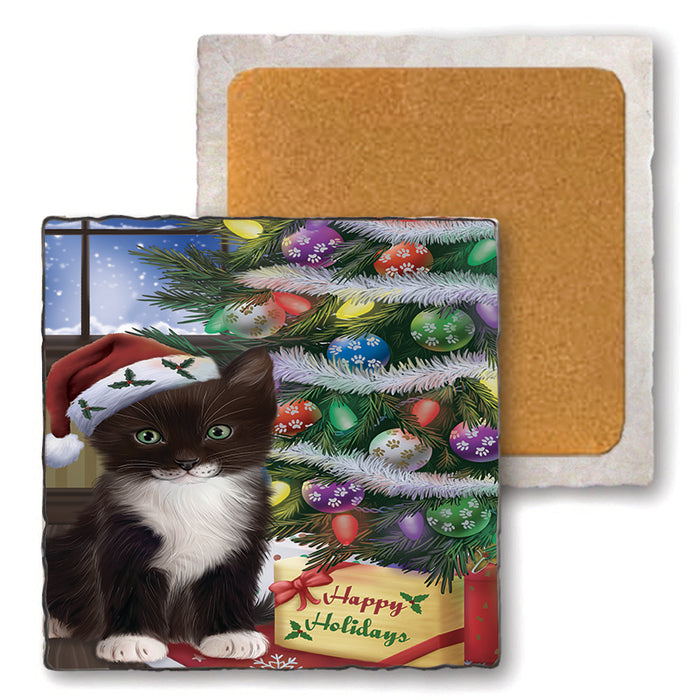 Christmas Happy Holidays Tuxedo Cat with Tree and Presents Set of 4 Natural Stone Marble Tile Coasters MCST48476