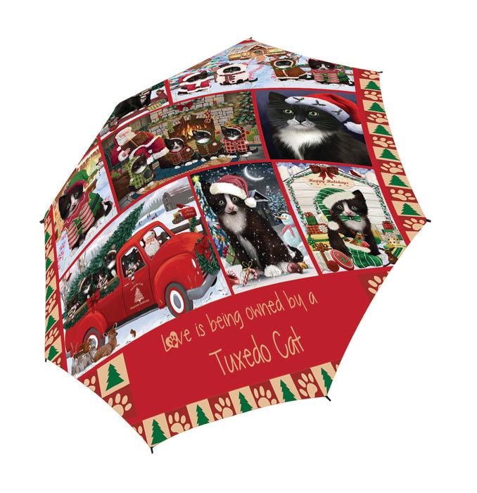 Love is Being Owned Christmas Tuxedo Cats Semi-Automatic Foldable Umbrella