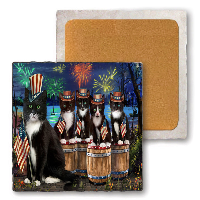 4th of July Independence Day Firework Tuxedo Cats Set of 4 Natural Stone Marble Tile Coasters MCST49121