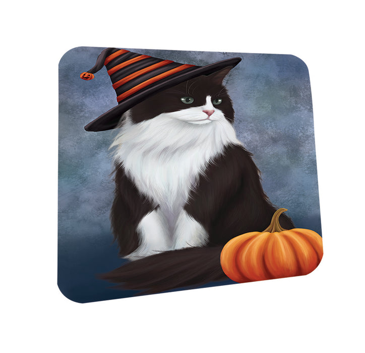 Happy Halloween Tuxedo Cat Wearing Witch Hat with Pumpkin Coasters Set of 4 CST54790