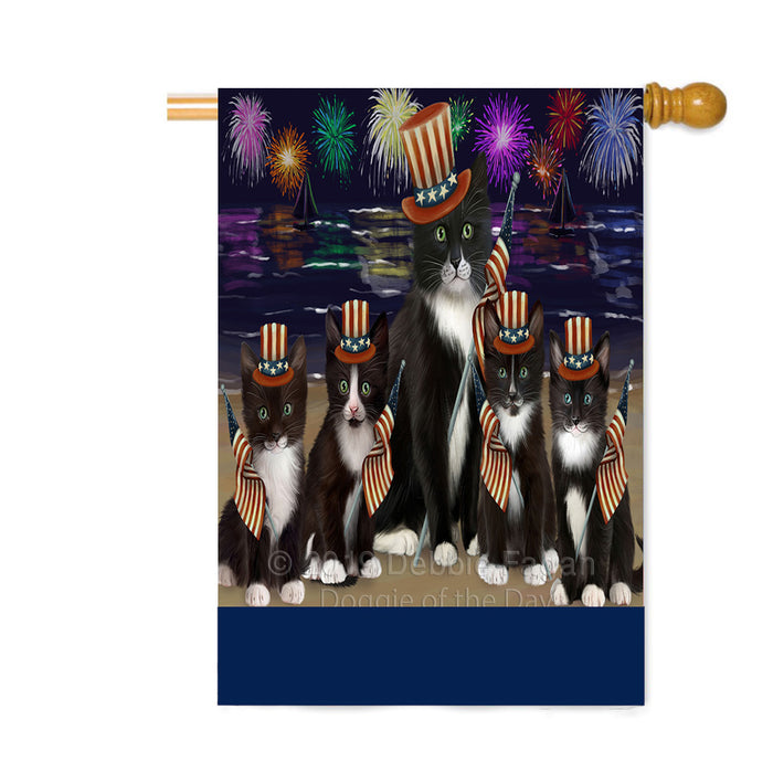 Personalized 4th of July Firework Tuxedo Cats Custom House Flag FLG-DOTD-A58202