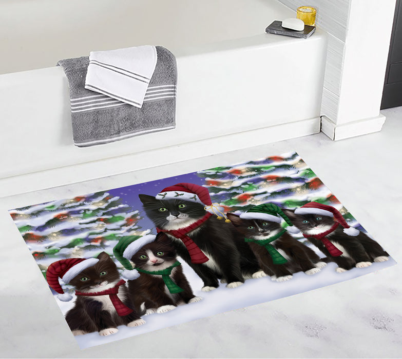 Tuxedo Cats Christmas Family Portrait in Holiday Scenic Background Bath Mat