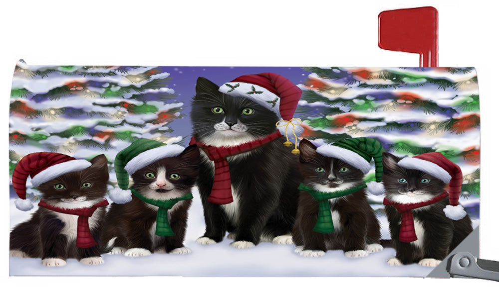 Magnetic Mailbox Cover Tuxedo Cats Christmas Family Portrait in Holiday Scenic Background MBC48262
